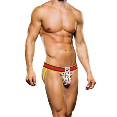Prowler Berlin Jock Strap in yellow and red on a model, showcasing a contoured pouch for comfort, ideal for a stylish and luxurious look.